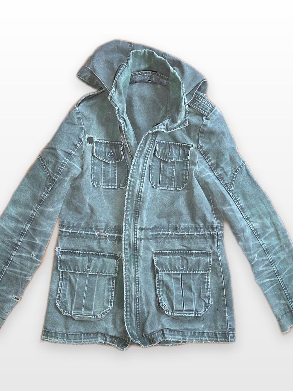 BDG Utility Jacket Hooded Olive Wash Distressed Size Small Four Pocket